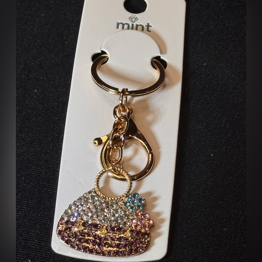 BAG CHARM Mint Gold and Purple Crystal Pink Blue Flower Purse Key Holder